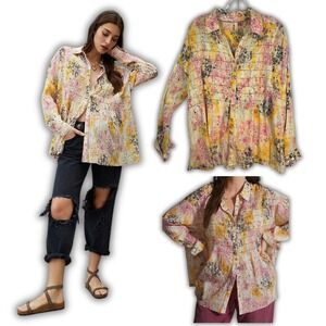 Pilcro Anthropologie Floral Print Button Down Paint Splatter Shirt Womens Size S